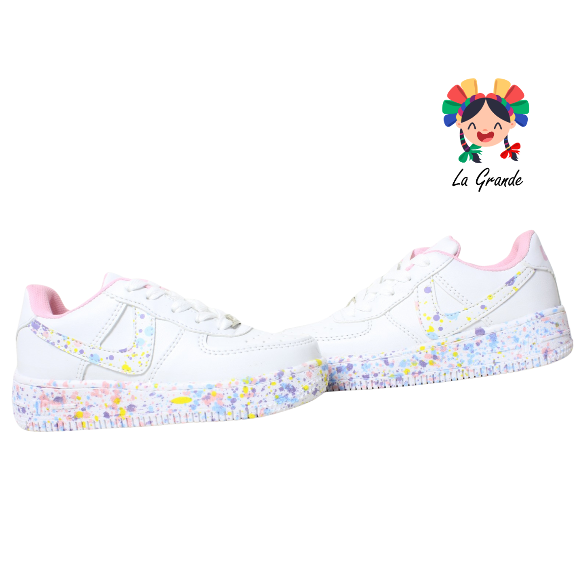 002 LERMI Blanco Rosa Jaspeado Sint Tenis Casual de Agujeta para Niña