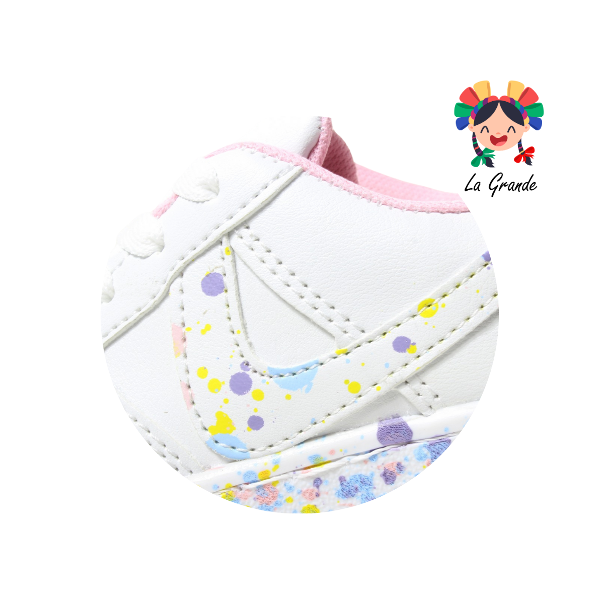 002 LERMI Blanco Rosa Jaspeado Sint Tenis Casual de Agujeta para Niña