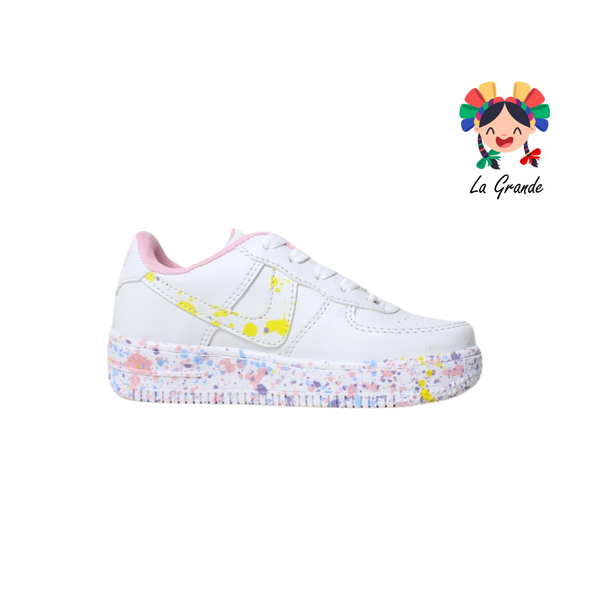 002 LERMI Blanco Rosa Jaspeado Sint Tenis Casual de Agujeta para Niña