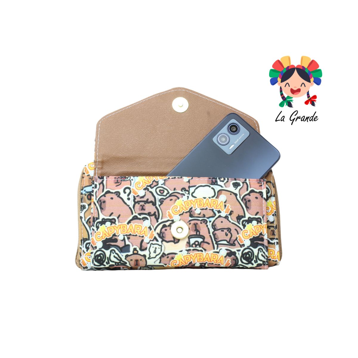014 Cartera Café Amarillo Capibara con Porta Celular