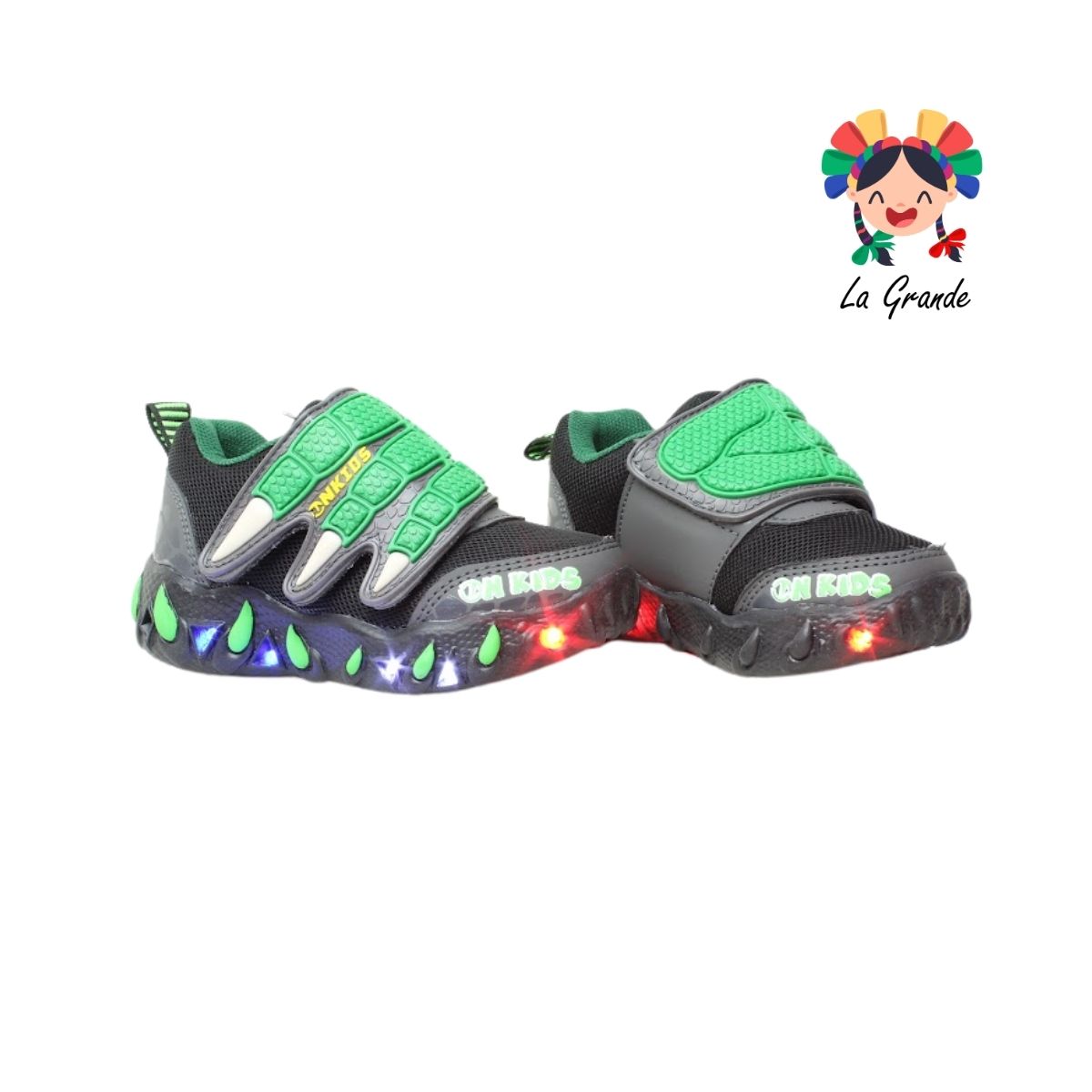 088 ON KIDS Negro Verde Sintético Tenis Casual con Luz Led para Niña y Niño