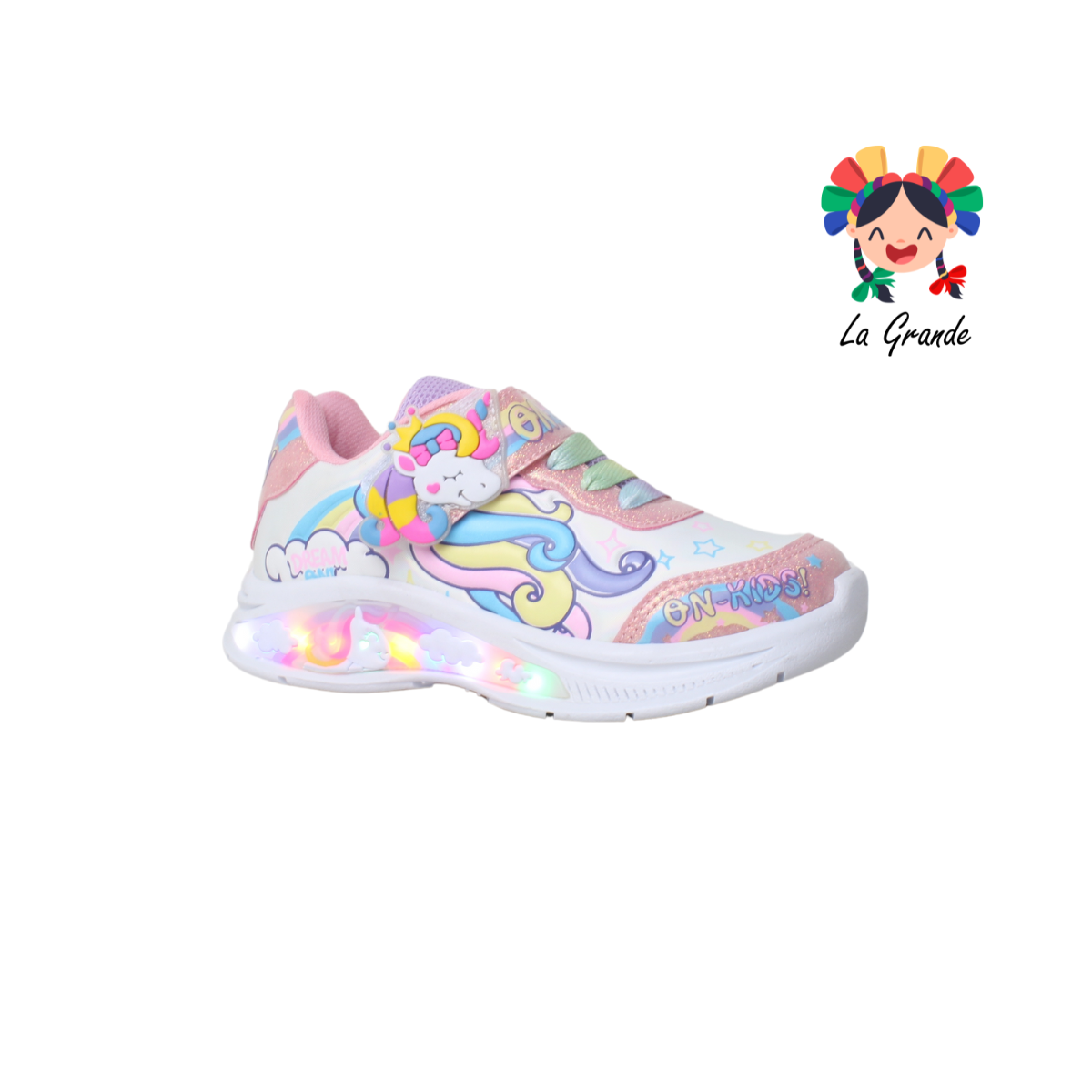110 ON KIDS Unicornio Blanco Rosa Sint Tenis Casual con Luz Led para Niña
