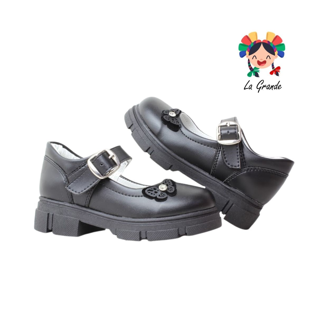130 GABRIELA Negro Sintético Zapato Escolar con Suela Kitty para Niña
