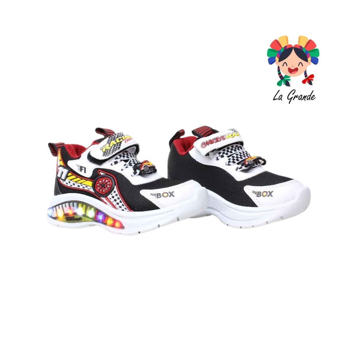 133 ON KIDS Negro Blanco Carro Sint Tenis Choclo con Luces Led para Niño