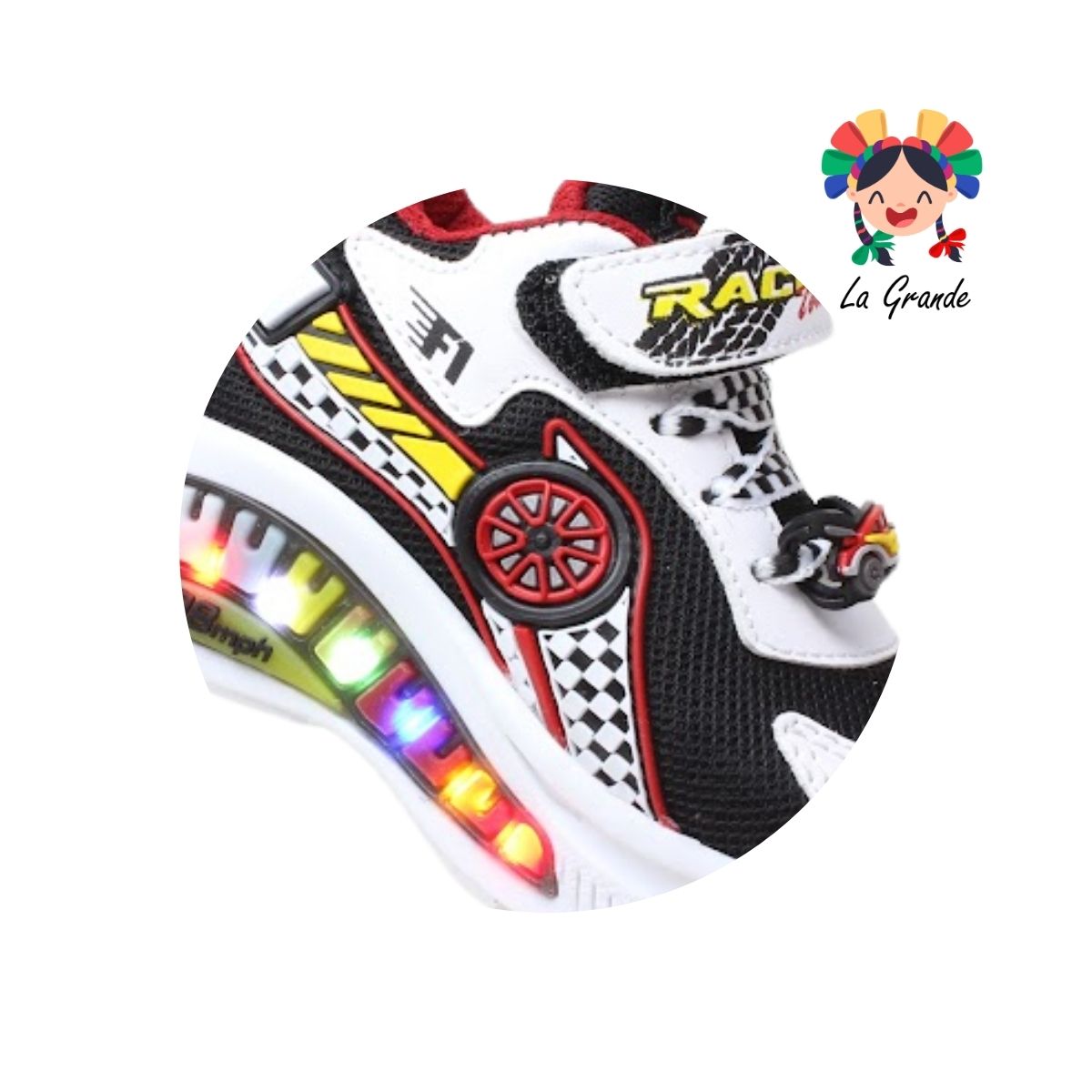 133 ON KIDS Negro Blanco Carro Sint Tenis Choclo con Luces Led para Niño