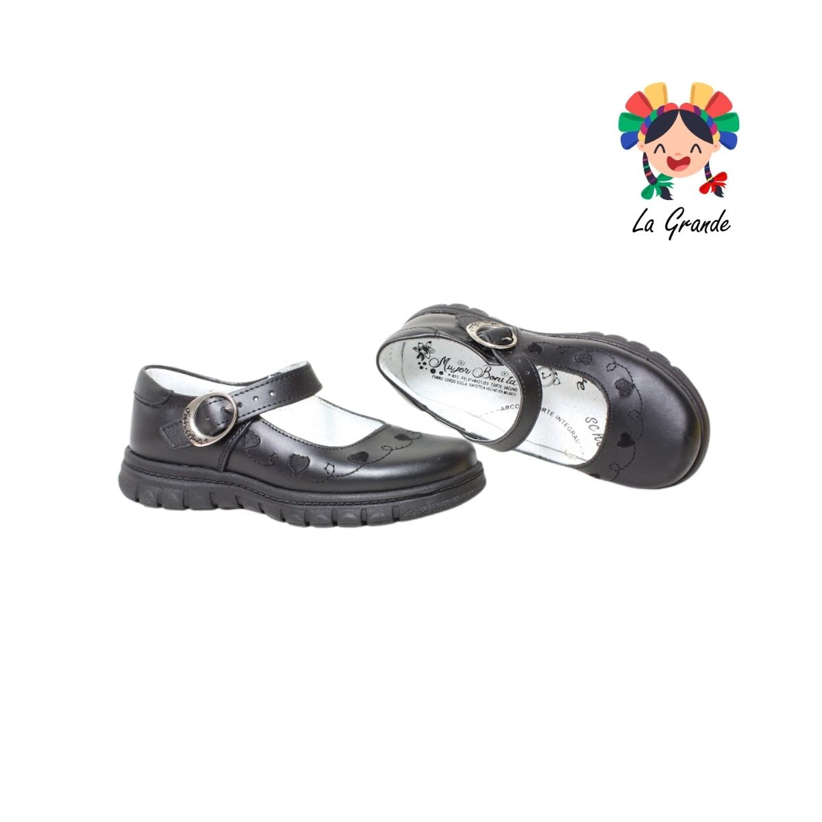 1538 MUJER BONITA Negro Piel Zapato Escolar para Niña
