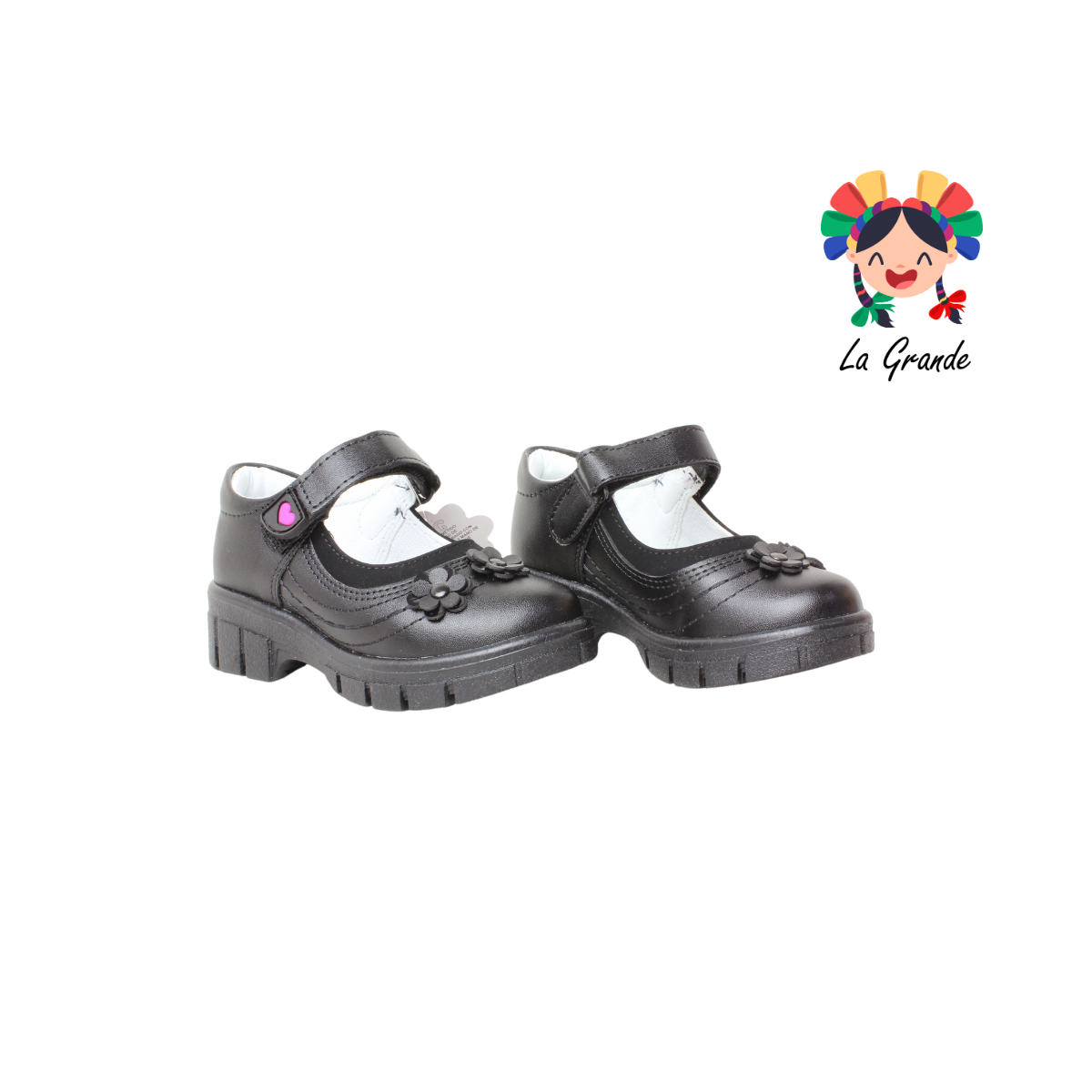 1809B LADY FLORES Negro Sintético Nobuck Zapato Escolar para Niña