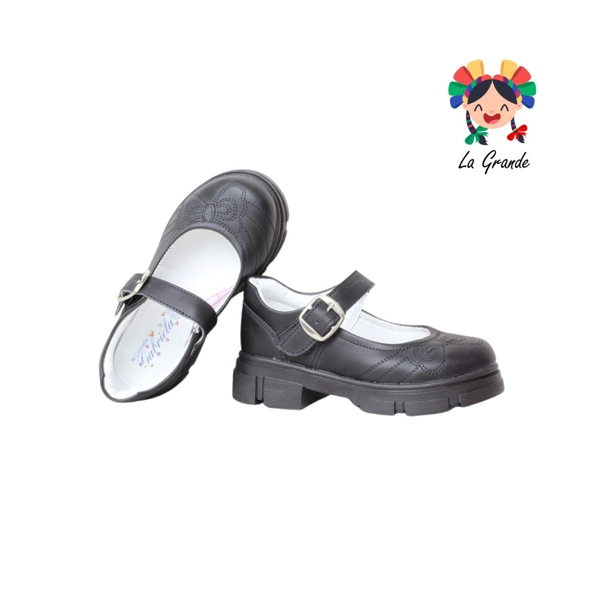 275 GABRIELA Negro Sintético Zapato Escolar con Suela Kitty para Niña