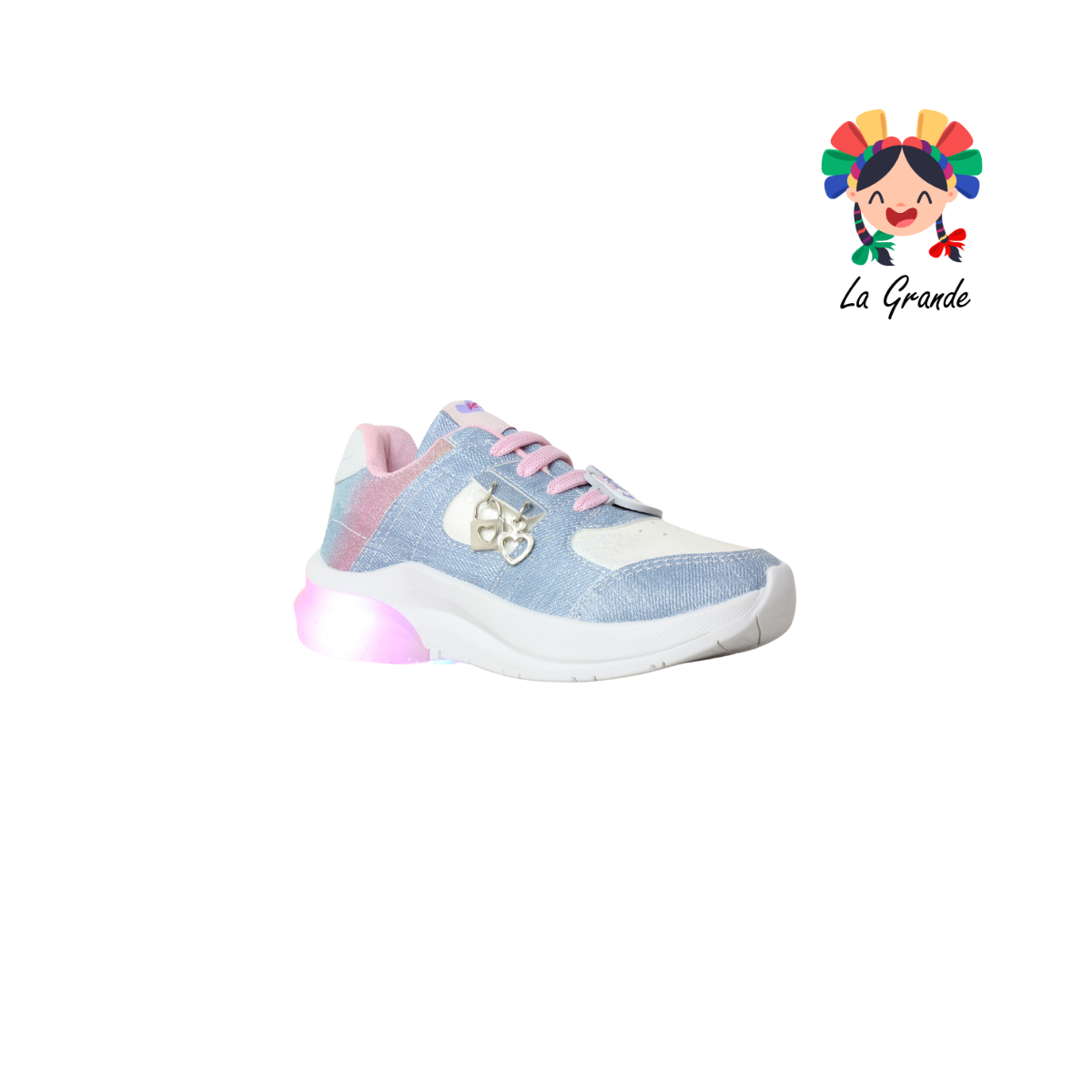 1709 KINGS-LU Mezclilla Rosa Sintético Tenis Casuales con Luces para Niña