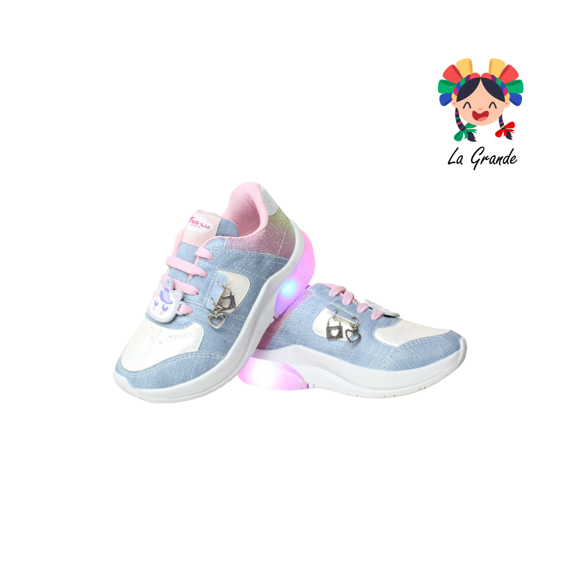 1709 KINGS-LU Mezclilla Rosa Sintético Tenis Casuales con Luces para Niña
