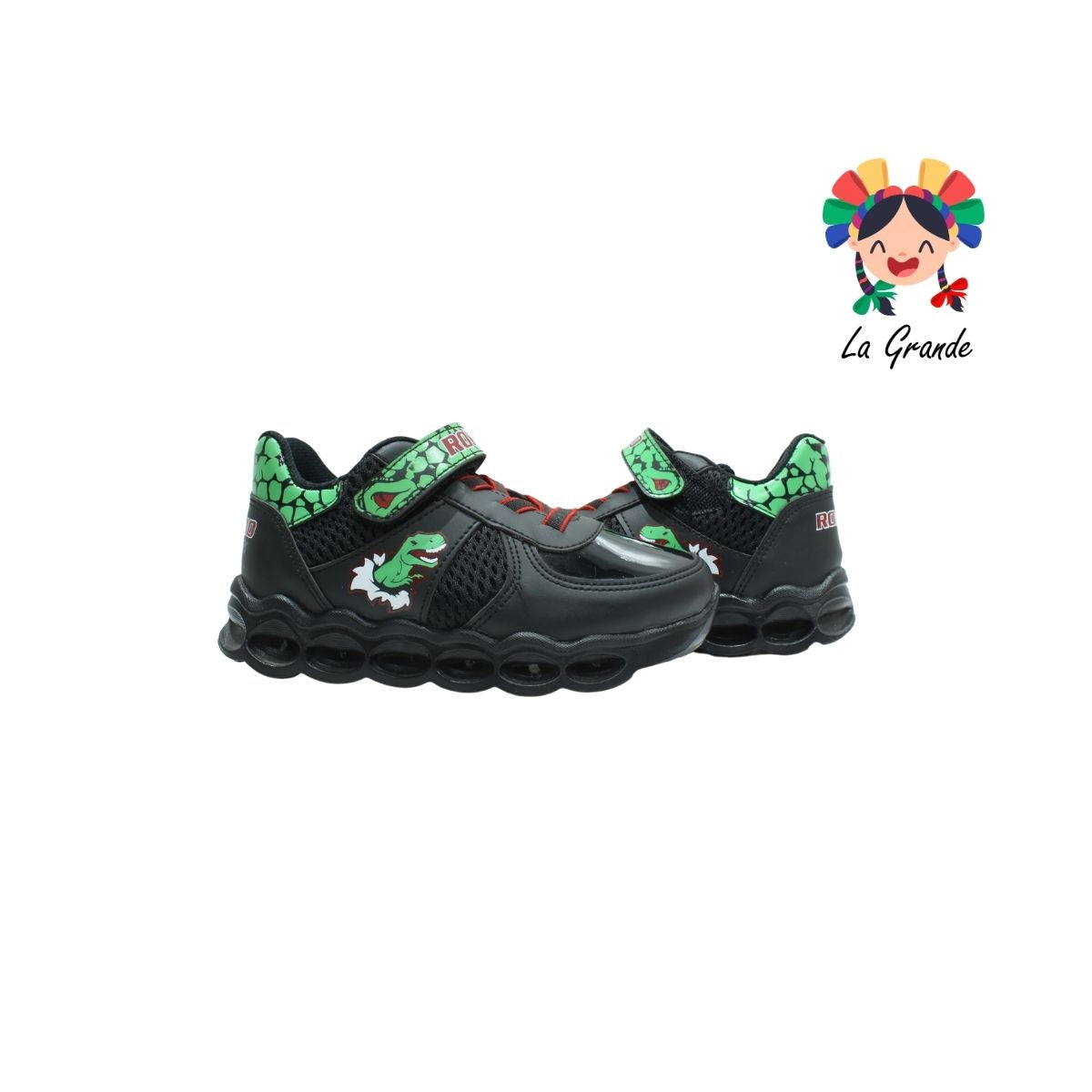 3371 ROKINO Negro Verde Sint Tenis Casual con Luces de Dinosaurio con Velcro para Niño