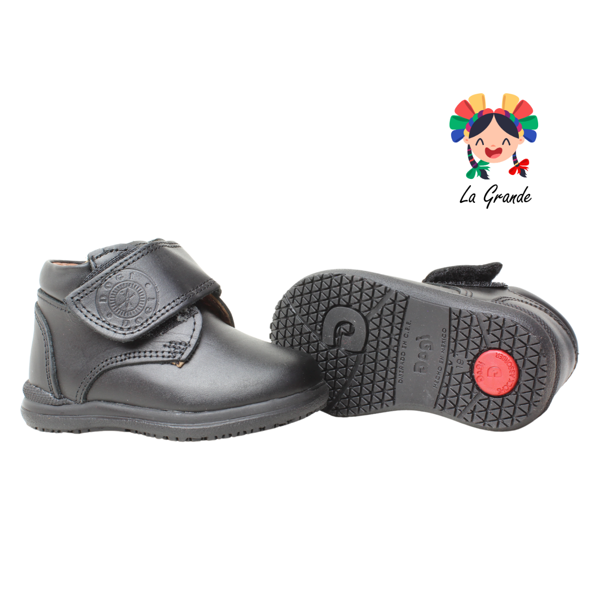 3437 DOGI Negro Piel Zapato Escolar con Velcro para Bebé