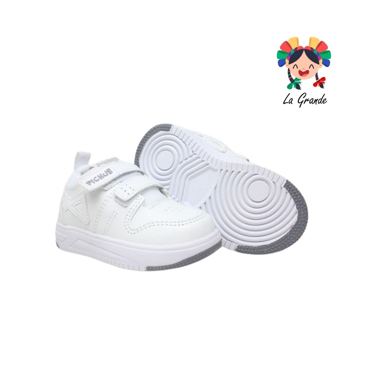 380 PICHUS Blanco Blanco Tenis Escolar con Velcro para Niña y Niño