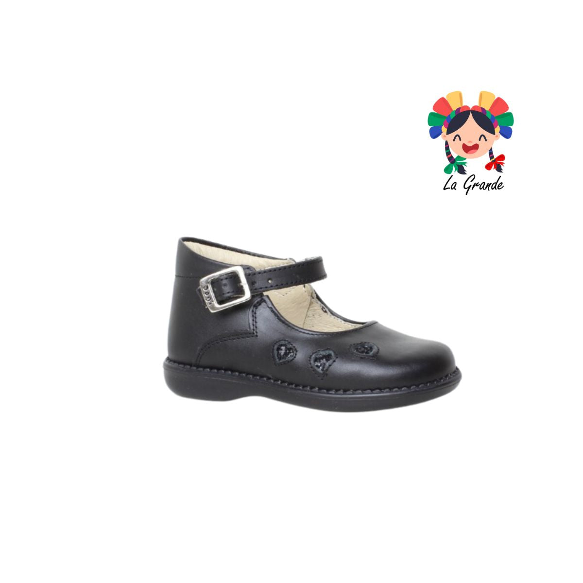 745 DOGI Negro Piel Zapato Escolar Córazones para Niña