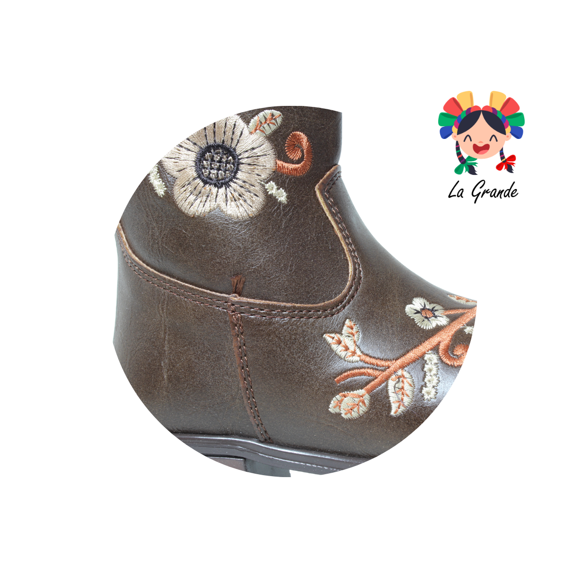 9071 LADY FLORES Café Bordado Bota Vaquera para Niña