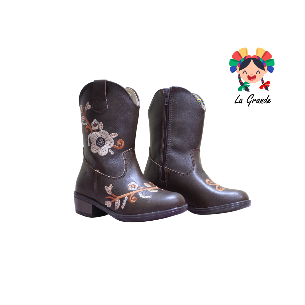 9071 LADY FLORES Café Bordado Bota Vaquera para Niña