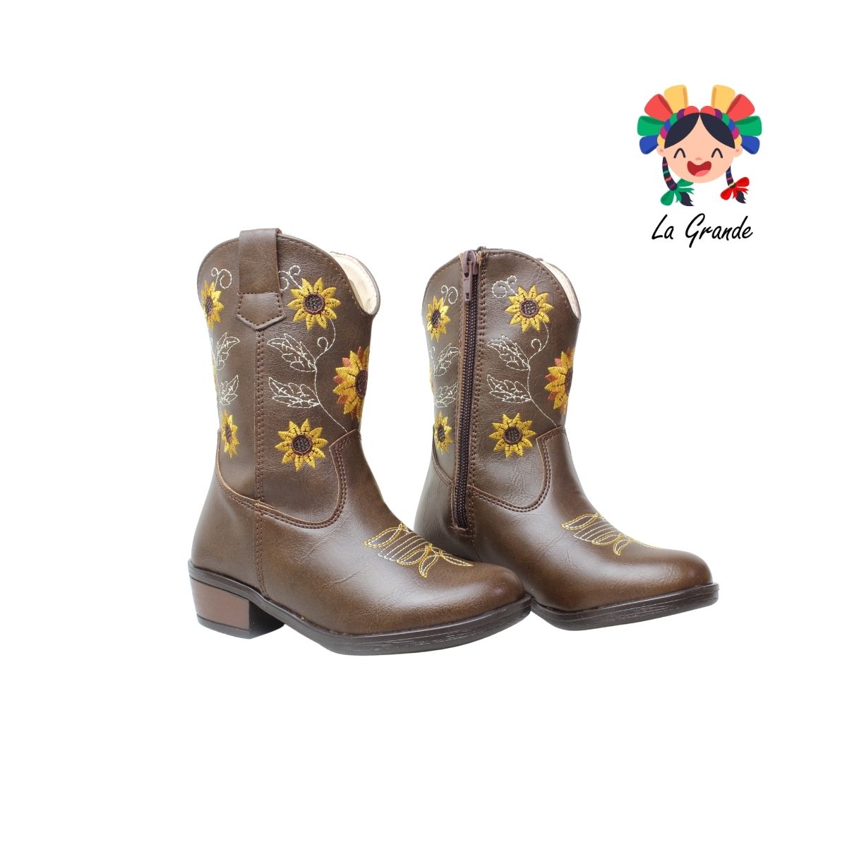 9075 LADY FLORES Café Bordado Bota Vaquera para Niña