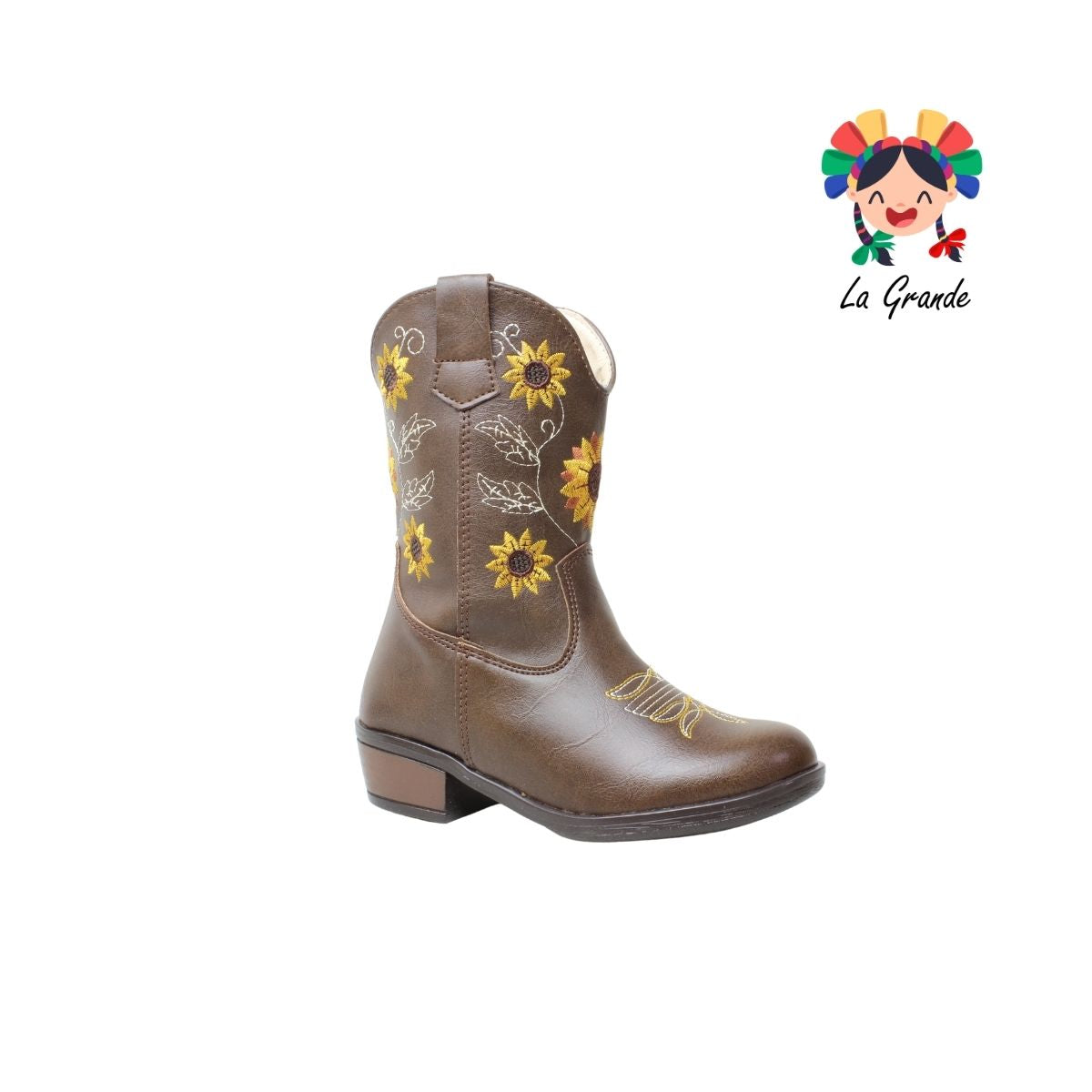 9075 LADY FLORES Café Bordado Bota Vaquera para Niña