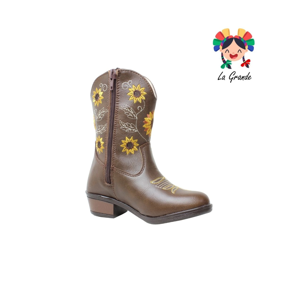 9075 LADY FLORES Café Bordado Bota Vaquera para Niña