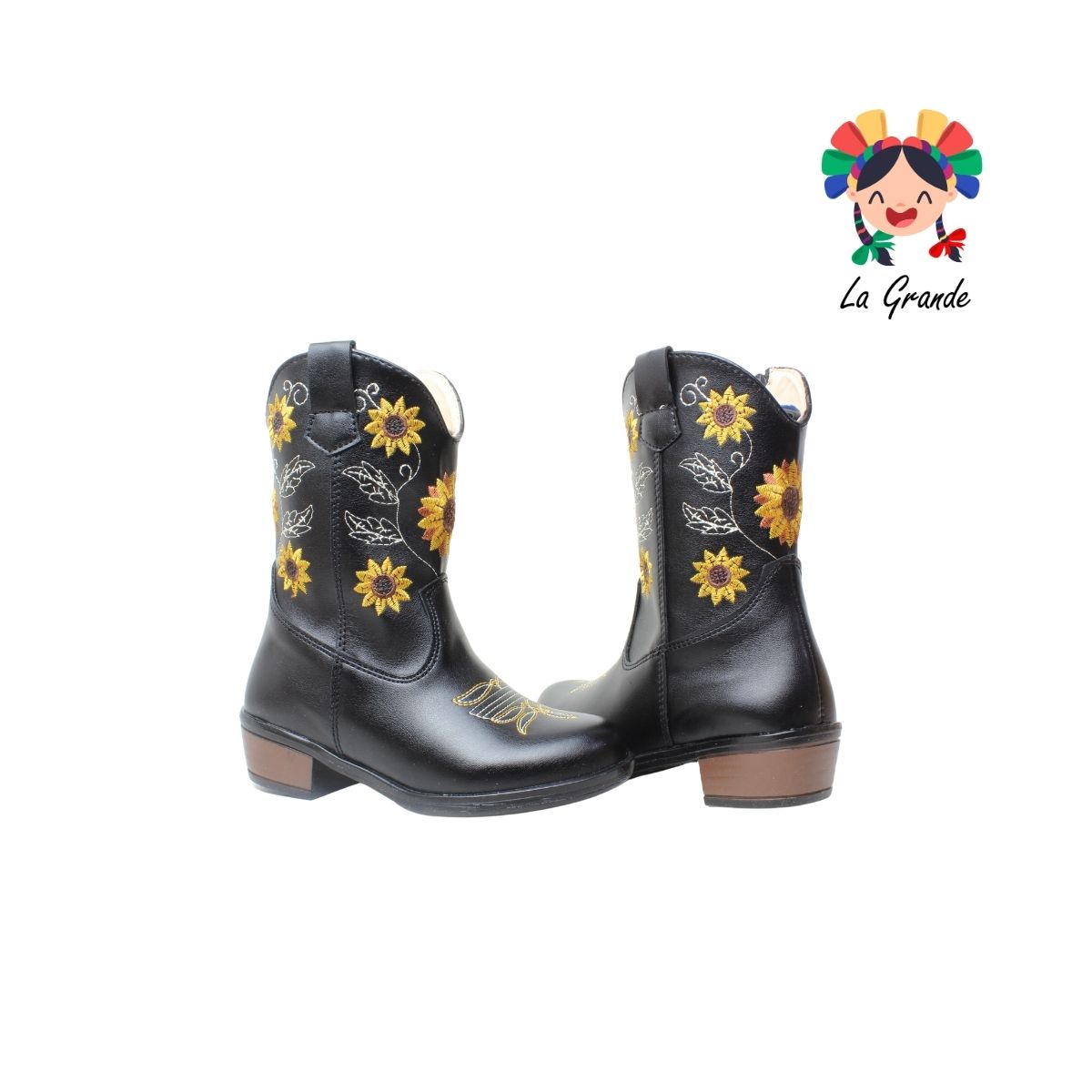 9075 LADY FLORES Negro Bordado Bota Vaquera para Niña y Dama