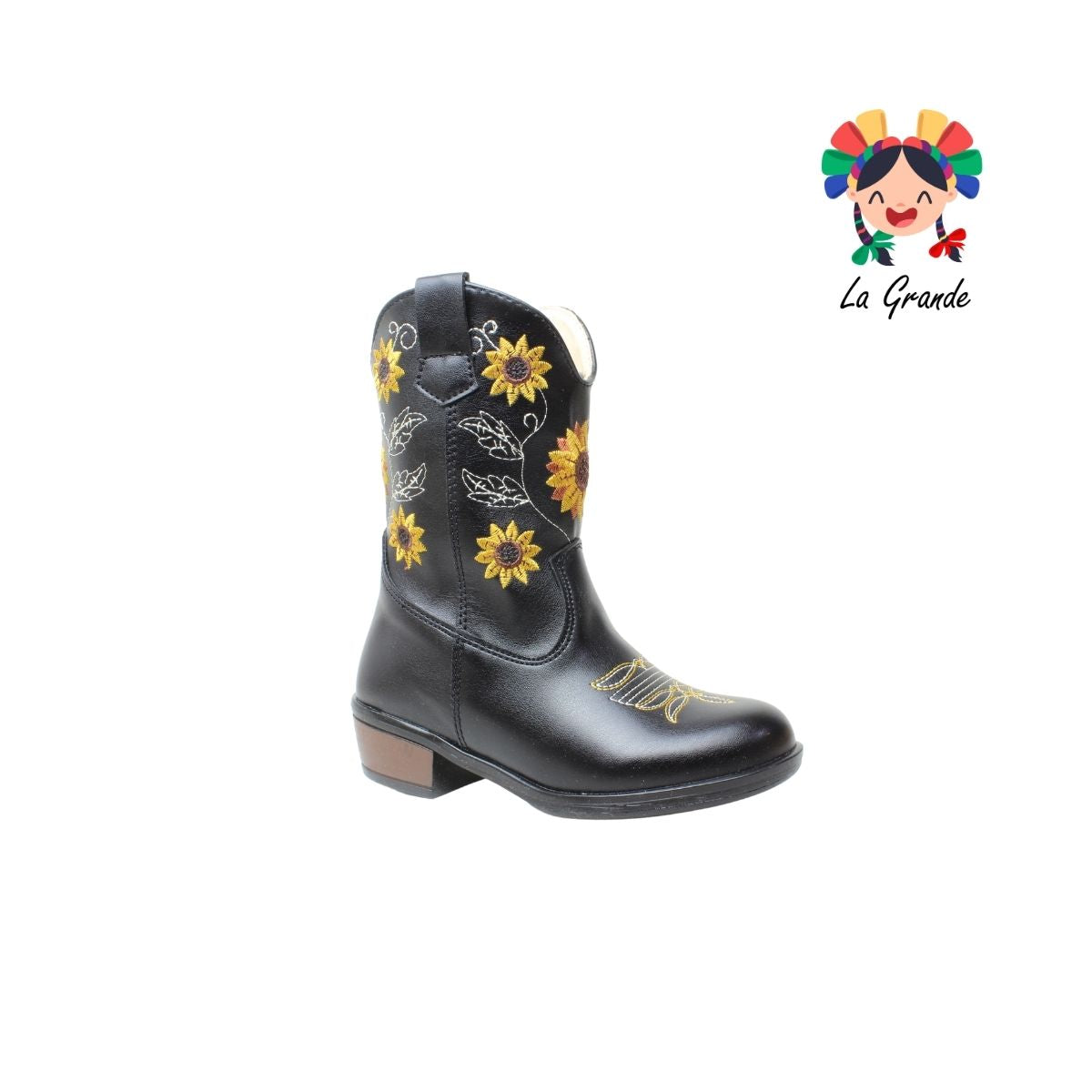 9075 LADY FLORES Negro Bordado Bota Vaquera para Niña y Dama
