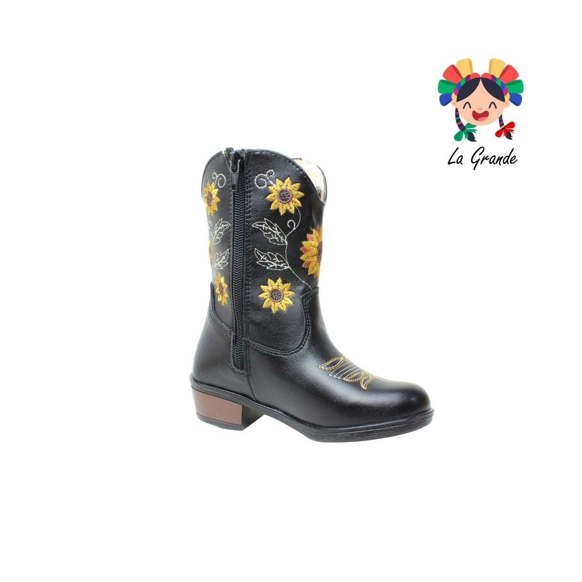 9075 LADY FLORES Negro Bordado Bota Vaquera para Niña y Dama