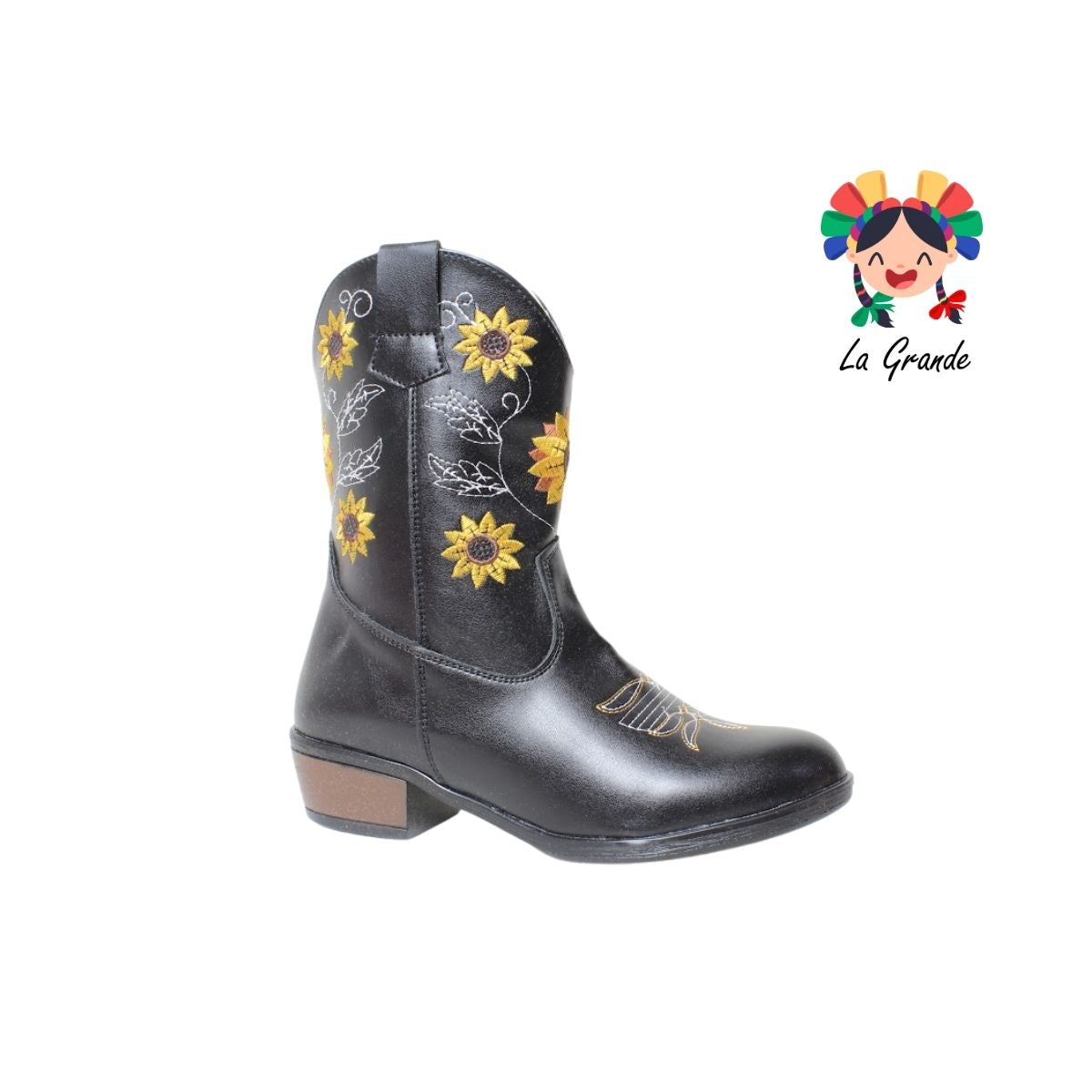 9075 LADY FLORES Negro Bordado Bota Vaquera para Niña y Dama