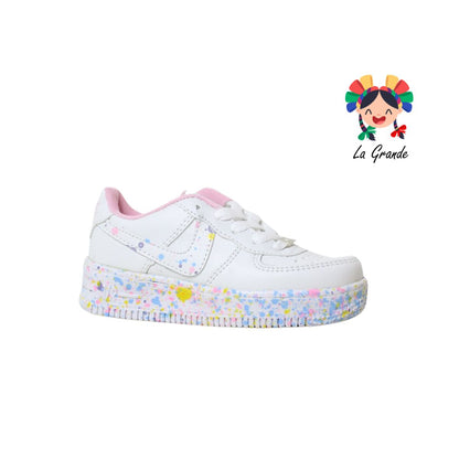 002 LERMI Blanco Rosa Jaspeado Sint Tenis Casual de Agujeta para Niña