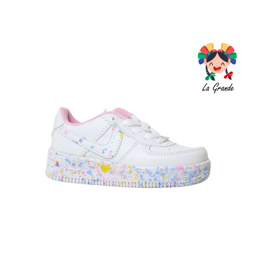 002 LERMI Blanco Rosa Jaspeado Sint Tenis Casual Choclo de Agujeta para Niña