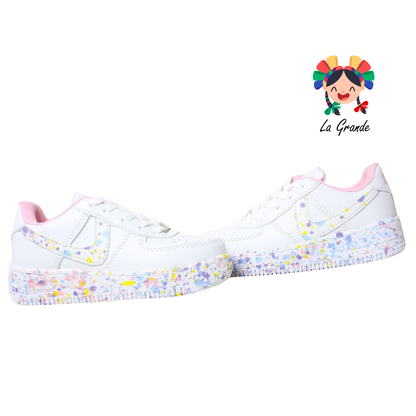 002 LERMI Blanco Rosa Jaspeado Sint Tenis Casual de Agujeta para Niña