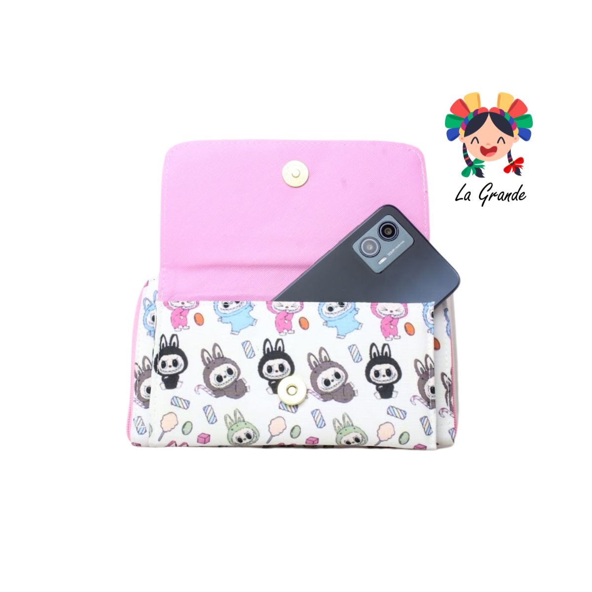 014 Cartera Rosa Blanco Labub con Porta Celular