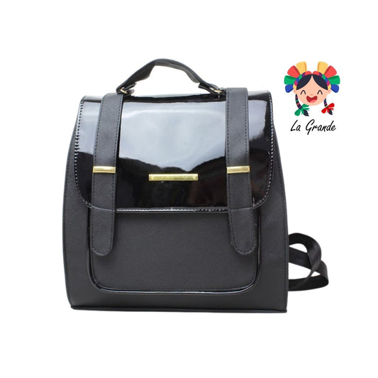 017 Mochila Negro Charol Casual para Dama