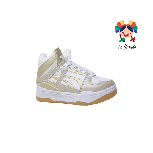 023-B HARMAN Blanco Oro Nacarado Sint Tenis Casual tipo Bota para Niña y Niño