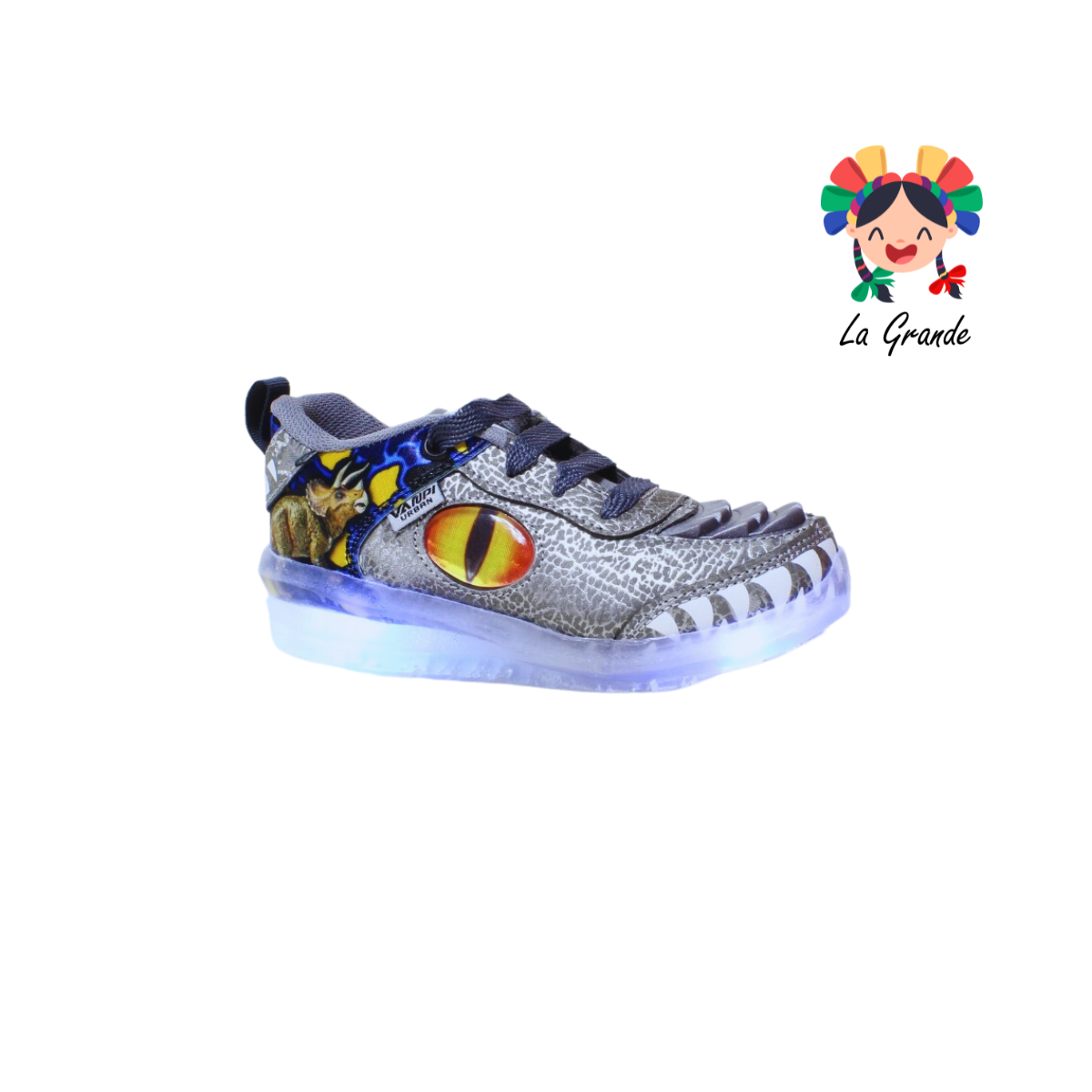 02 VANPI Gris Oxford Tenis Dinosaurio de Luces Led para Niño y Niña