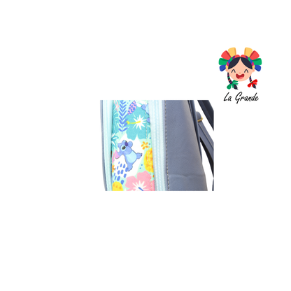 037 Mochila Doble Bolsa Azul Con Flores Stich Casual para Dama