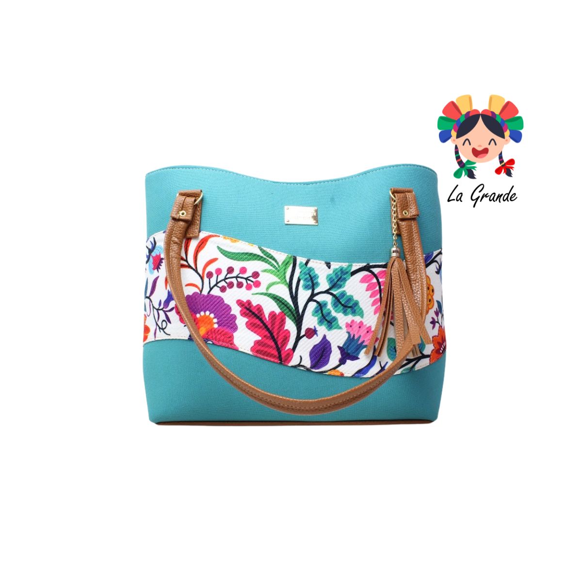 058 Bolsa Grande Turquesa con Flores Casual para Dama