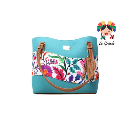 058 Bolsa Grande Turquesa con Flores Casual para Dama