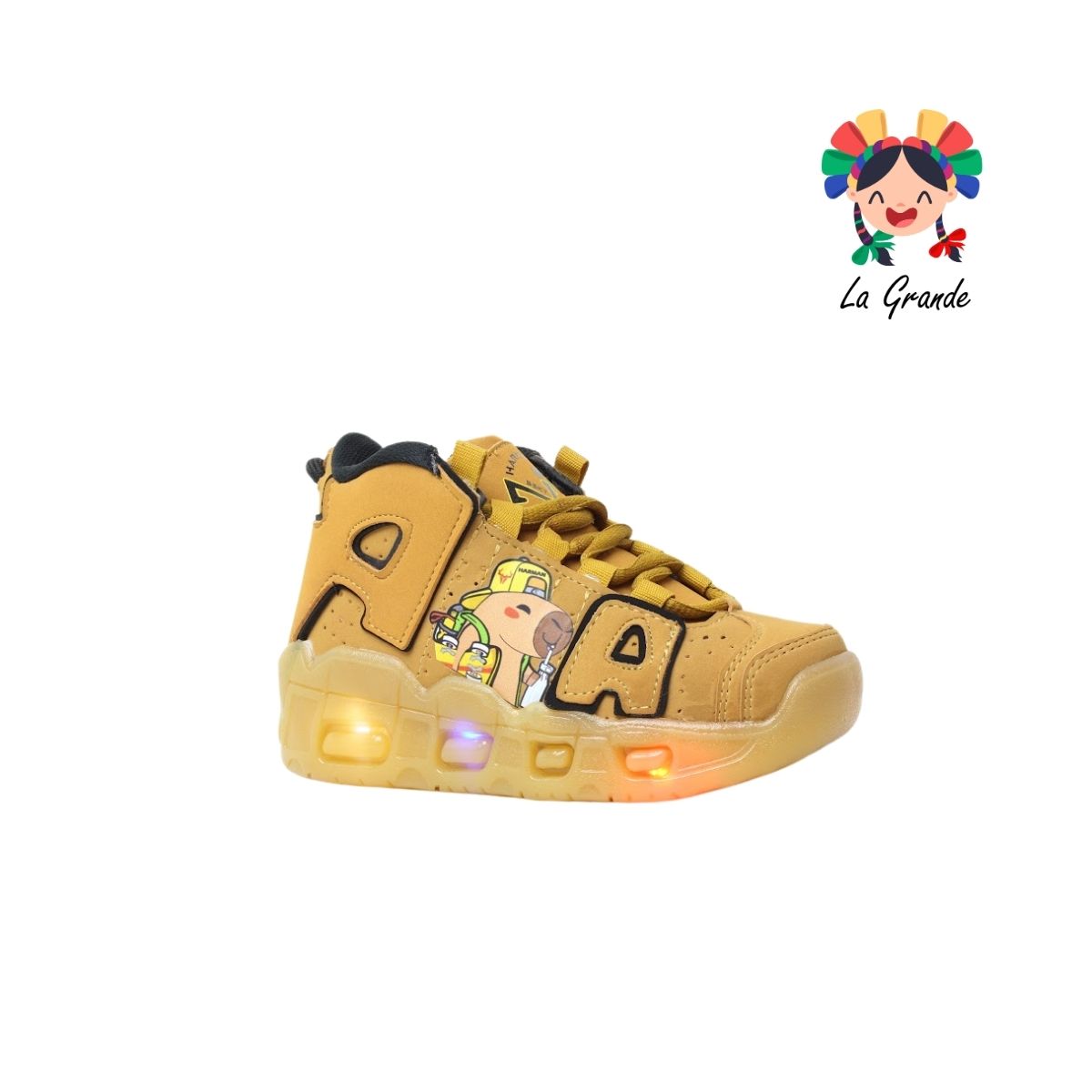 1018 CAPI HARMAN Mostaza Negro Nobuck Tenis Casual con Luces para Niña y Niño