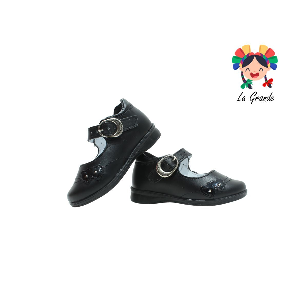 1126 MUJER BONITA Negro Piel Zapato Escolar Corazón para Niña