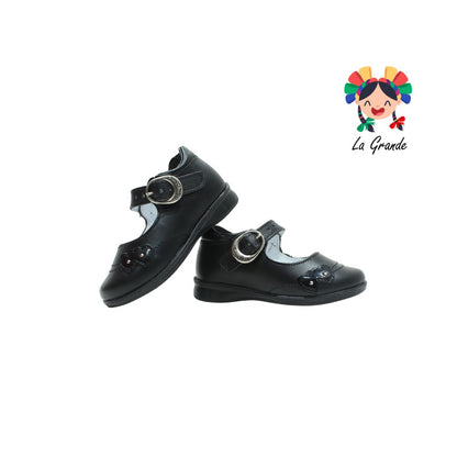 1126 MUJER BONITA Negro Piel Zapato Escolar Corazón para Niña
