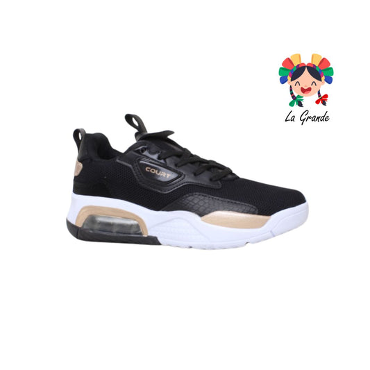 1140T-COURT Negro Oro Tenis Deportivo para Dama y Joven