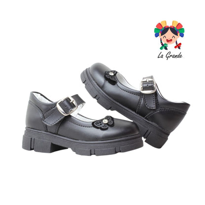 130 GABRIELA Negro Sintético Zapato Escolar con Suela Kitty para Niña