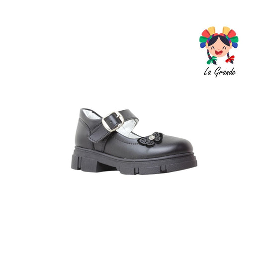 130 GABRIELA Negro Sintético Zapato Escolar con Suela Kitty para Niña