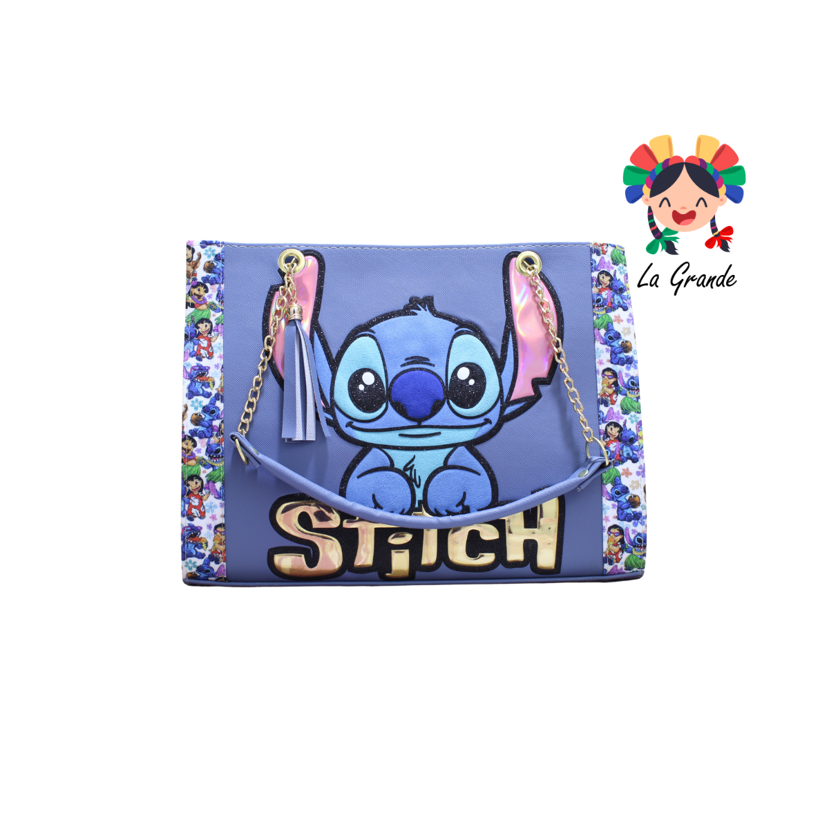 038 STICH LUCCIANA Bolsa Azul Mezclilla Casual Cuadrada con Cadena para Dama