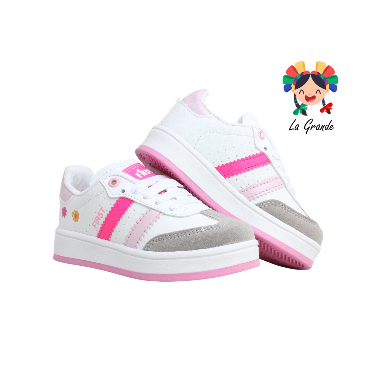 16000 FIRST Bco Gris Rosa Sint Tenis Casual para Bebé, Niña y Niño