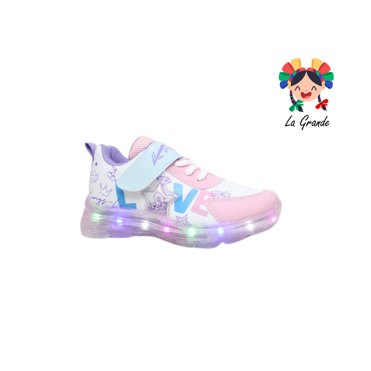 1608 KINGS-LU Bco Rosa Lila Sint Tenis Casual con Luces Led para Niña