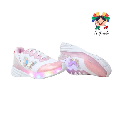 1737 KINGS-LU Blanco Rosa Sintético Tenis Casual con Luz Led para Niña