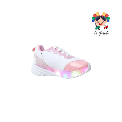 1737 KINGS-LU Blanco Rosa Sintético Tenis Casual con Luz Led para Niña