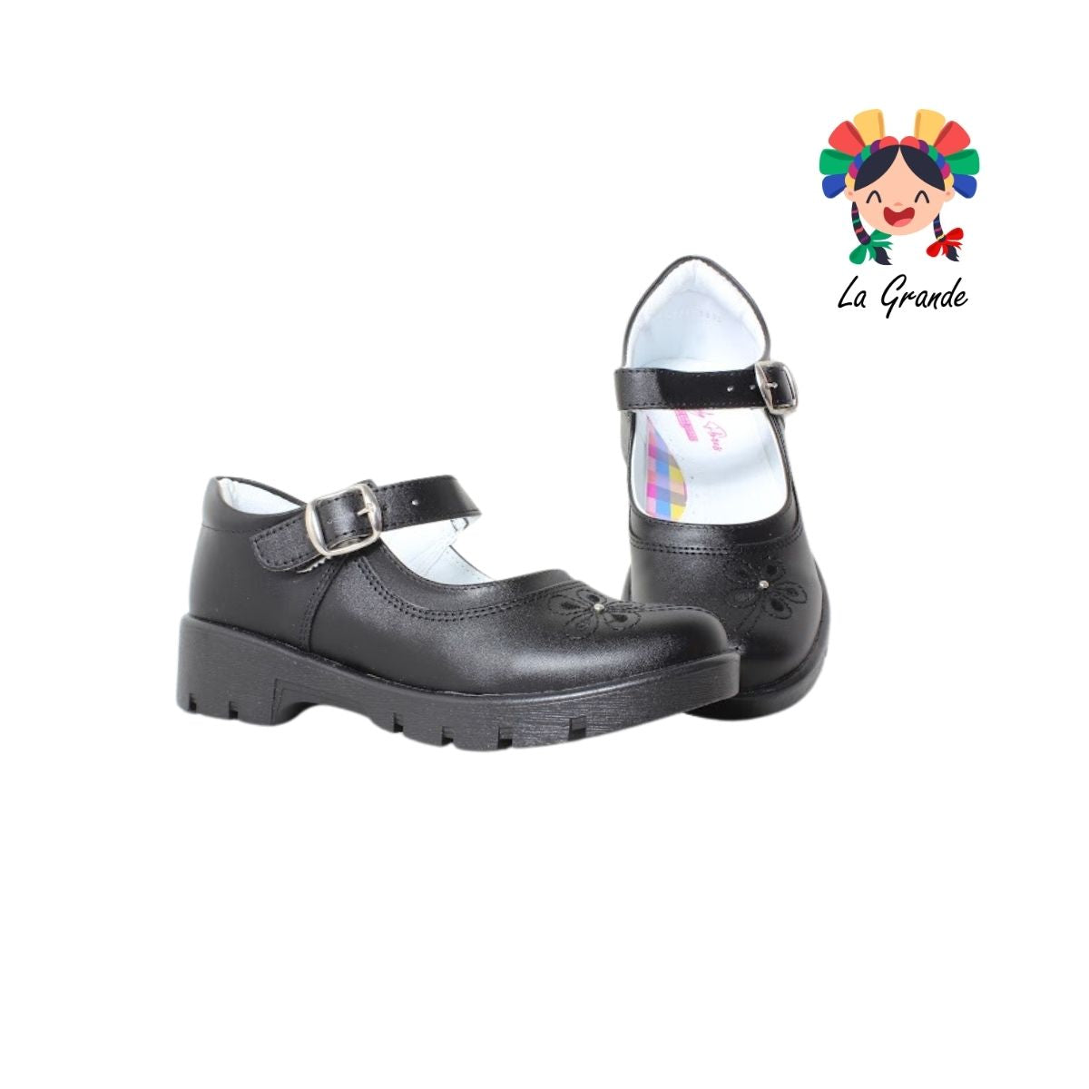 1803 LADY FLORES Negro Sintético Zapato Escolar para Niña y Dama