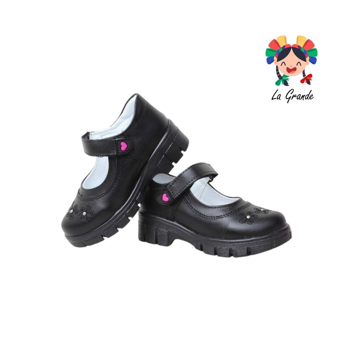 1807 LADY FLORES Negro Sintético Zapato Escolar para Niña y Dama
